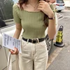 Heliar Ruffle Hem Tees Women Short Sleeve Knit Crop Top Off Shoulder Flexible T-shirts Female Solid Streetwear Tops Summer ► Photo 2/6