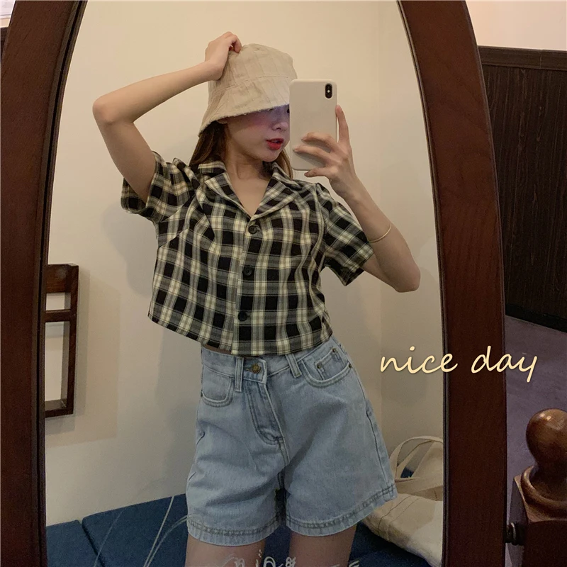 ladies white shirt Korean style crop top womens tops ladies plaid shirts women button up shirts short sleeve blouses women plaid tops kawaii women's shirts & tops