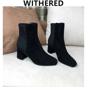 

Withered Winter Boots Women England Office Lady Fashion Simple Splicing Square Toe High Heel Shoes Woman Botas Mujer Shoes Women