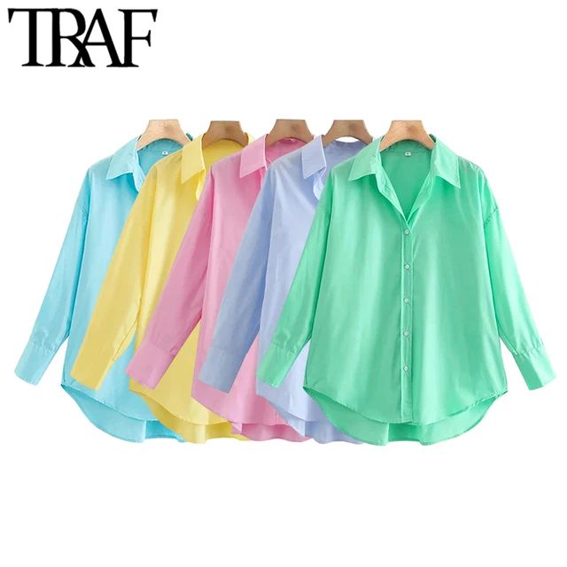 TRAF Women Fashion Loose Asymmetry Poplin Blouses Vintage Long Sleeve Button-up Female Shirts Blusas Chic Tops 1