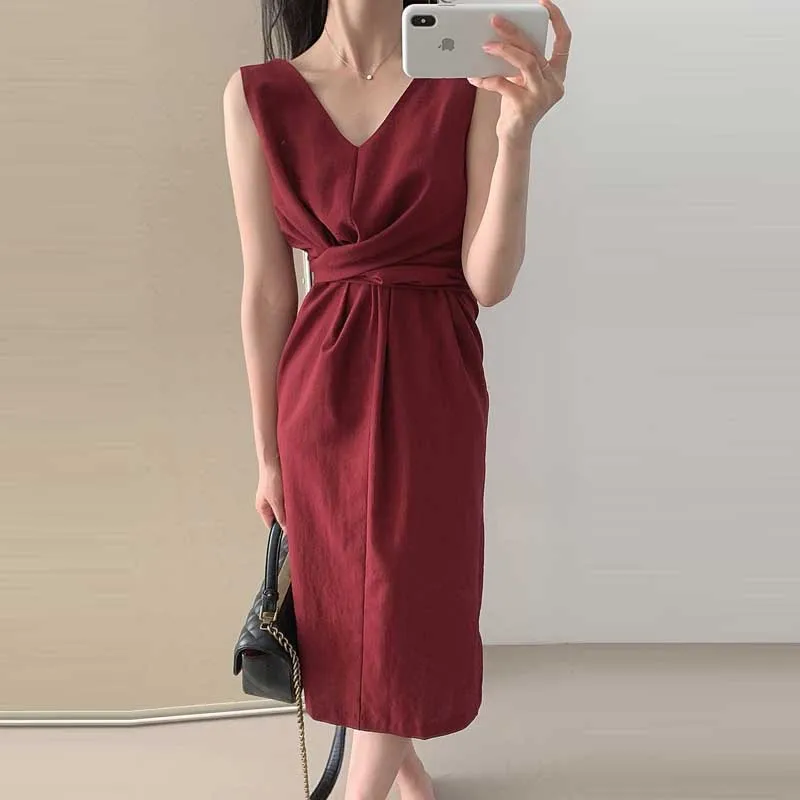 Retro V-Neck Sleeveless Cross Straps Waist Slim Fit Dresses Ladies Summer New Elegant Korean Chic Office Dress Women Dress 2020