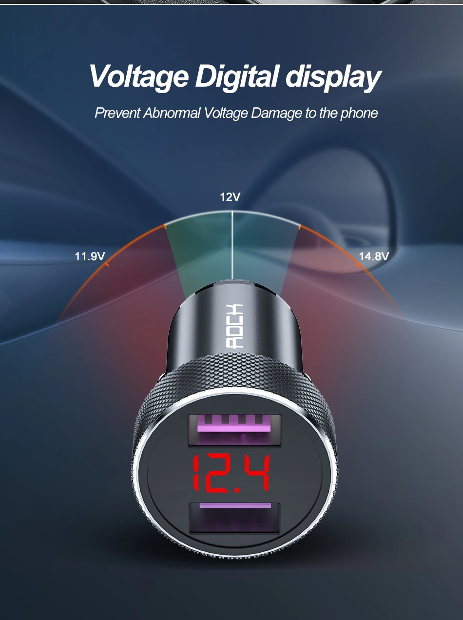 Цифровой светодиодный дисплей ROCK с двойным USB металлическим автомобильным зарядным устройством QC 3,0 Быстрая зарядка Usb зарядное устройство для iPhone 11 samsung Xiaomi huawei