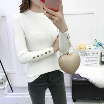 

Women's Sweater Autumn 2020 Spring Knitted Turtleneck White Fashion Lady Jumper Long Sleeve Slim Sexy Tight Female With Button