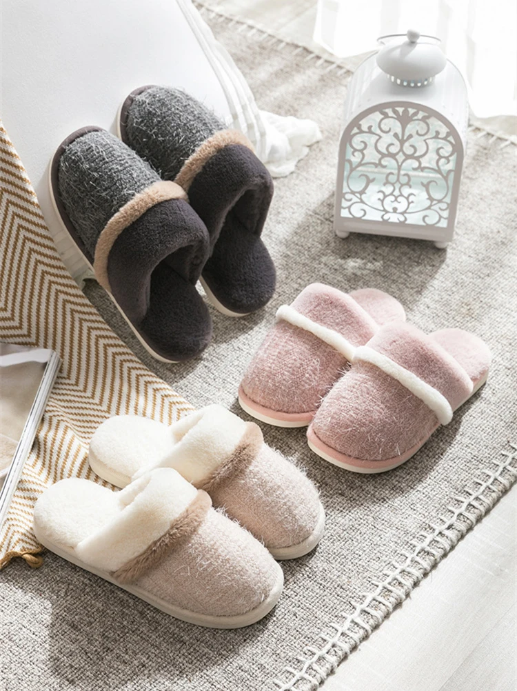 2020 Winter New Home Women Fur Slipers Solid Cotton Plush Warm Bedroom Couple Shoes Comfortable Indoor Women Furry Slippers