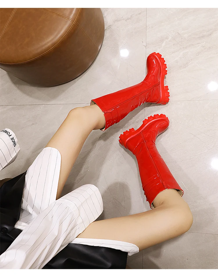 Double-Breasted Shiny Patent Leather Women's Knee-Length Boots Flat-Bottomed Platform With Plush Lining Long Boots 2022