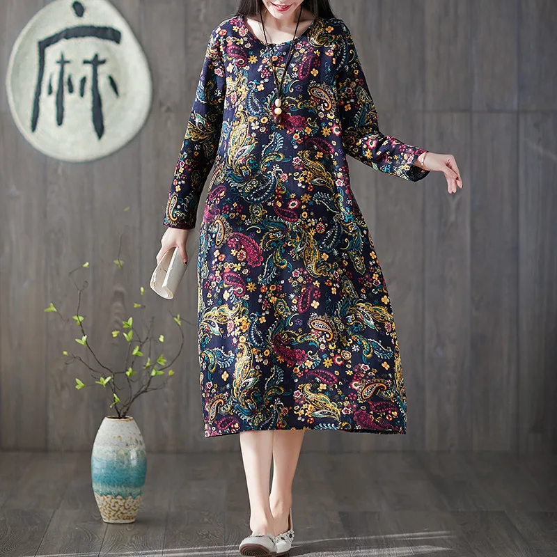 

2019 Spring Clothing New Style Cotton Linen National Wind Retro Printed Loose-Fit Slimming Slim Fit Long-sleeved Dress Women's
