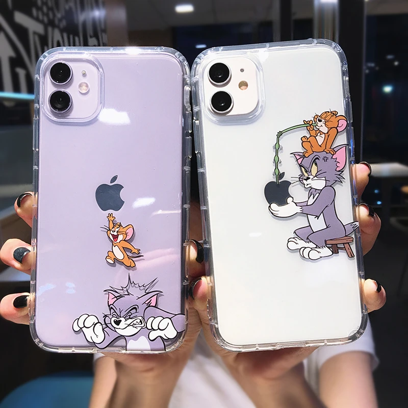 

Cute Cartoon Cat Mouse Transparent Phone case For iPhone 11 Pro MAX X XS XR 7 8 plus 6 6S Funny Couple Soft TPU Shockproof Cover