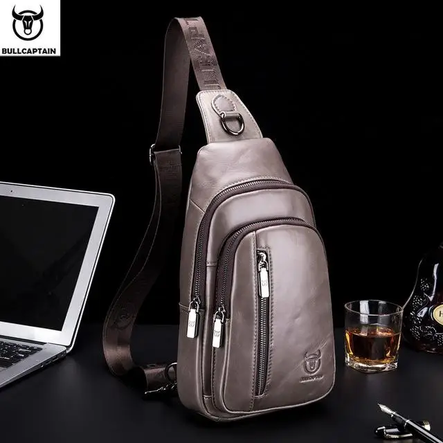 BULLCAPTAIN Fashion Genuine Leather Crossbody Bags Men Brand Small Male Shoulder Bag Casual Men's Music Chest Bags Messenger Bag - Цвет: gray Hardware