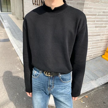 

2019 Autumn And Winter New Youth Popular Small V Mouth High Collar T-shirt Fashion Casual Solid Color Pullover Black /White M-XL