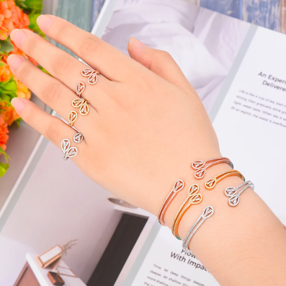 Godki роскошный маленький браслет листок кольцо Набор для женщин полный микро кубическое кольцо с цирконом вечерние свадебные Саудовская Аравия Дубай ювелирные наборы