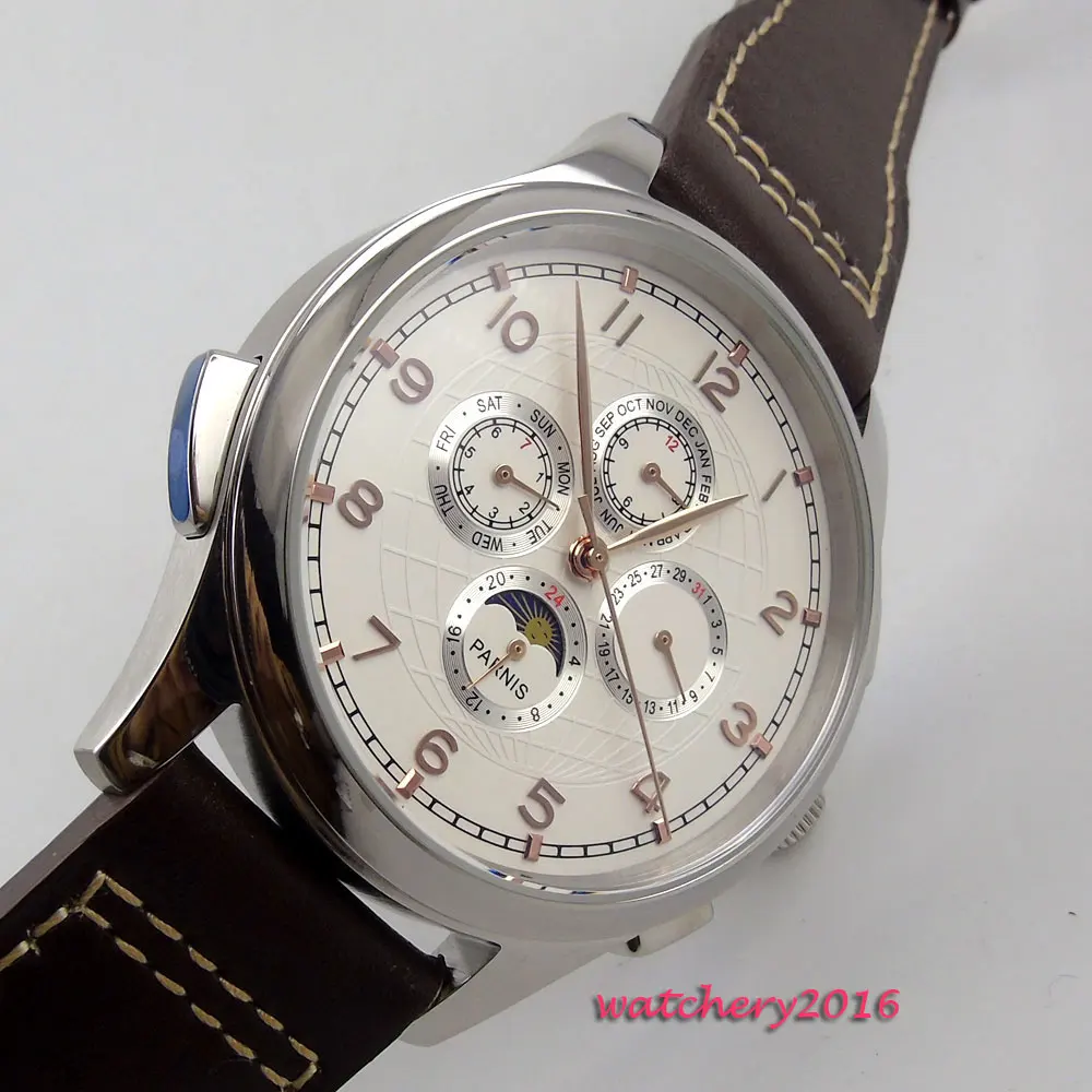 

44mm parns white dial date day Moon Phase Automatic Movement mens watch