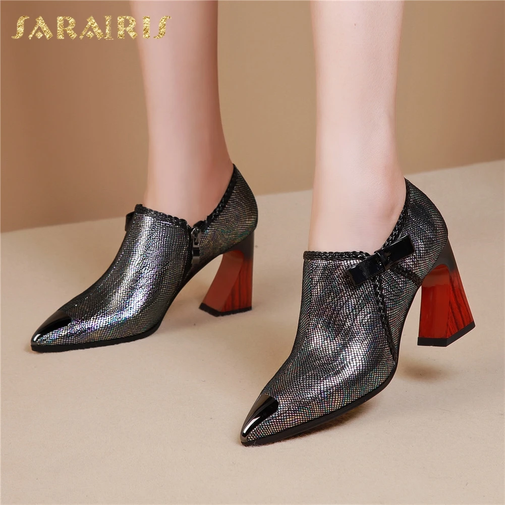 

Sarairis Fashion New Hot Genuine Leather Strange Style Shoes Woman Pumps Pointed Toe Zip Up Office Lady Pumps Women Shoes