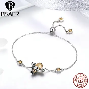 

BISAER Hot Sale 100% 925 Sterling Silver Busy Bee Yellow Crystal CZ Women Chain Link Bracelet Fashion Bracelet Jewelry GXB043