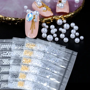 

6 Grids/Pack 3D Mix Sizes White Gray AB Champnage Round Pearl Arylic Nail Art Rhinestone Gems Decorations Manicure DIY Tips