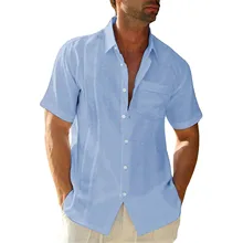 

Men's Short Sleeved Cotton Linen Summer Shirt With Chest Pocket Tops Blouse Fashion Causal Male Shirts Breathable Man Clothes