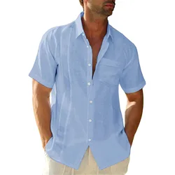 Camisa de verão de linho de algodão de manga curta masculina com bolso no peito blusa moda causal camisas masculinas respirável roupas homem