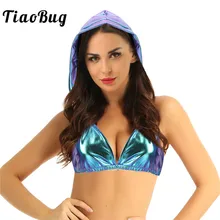 Женский Блестящий металлический глубокий v-образный вырез, открытая спина, с капюшоном, сексуальный купальник, бикини, топы, фестивальный Рейв, костюм для клубных выступлений, танцевальный укороченный топ