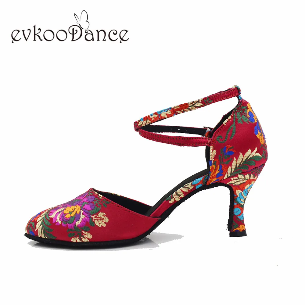 Zapatos De Baile/атласная танцевальная обувь для латинских танцев; высота каблука 7 см; цветочный принт; размеры США 4-12; для женщин; Профессиональный стиль; NL337