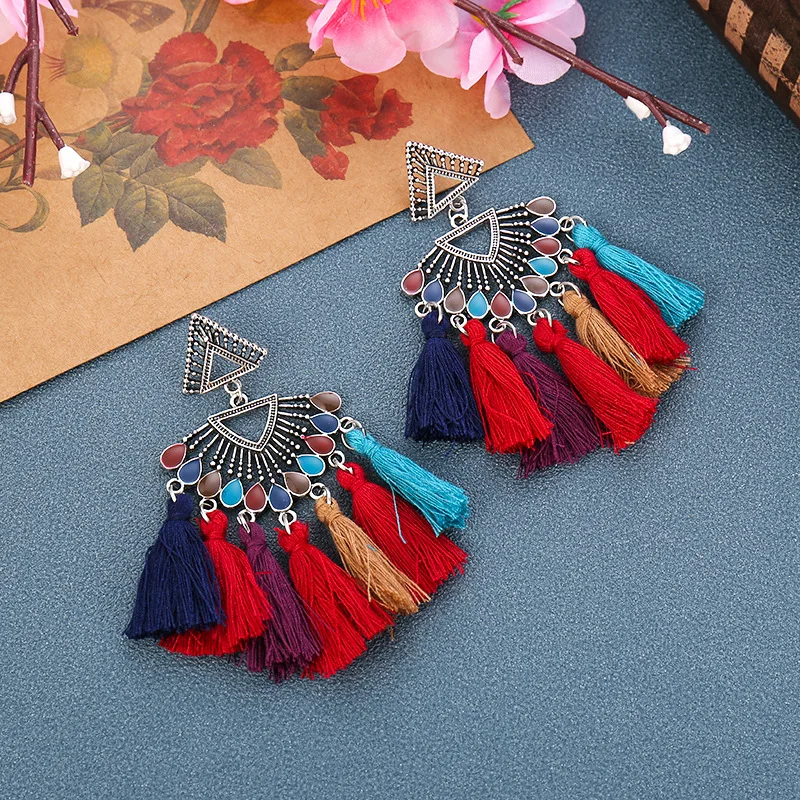 

Bohemian Triangle Alloy Tassel Earrings For Women Lady Female Fringe Handmade Dangle Earring Vintage Dangle Earrings Jewelry