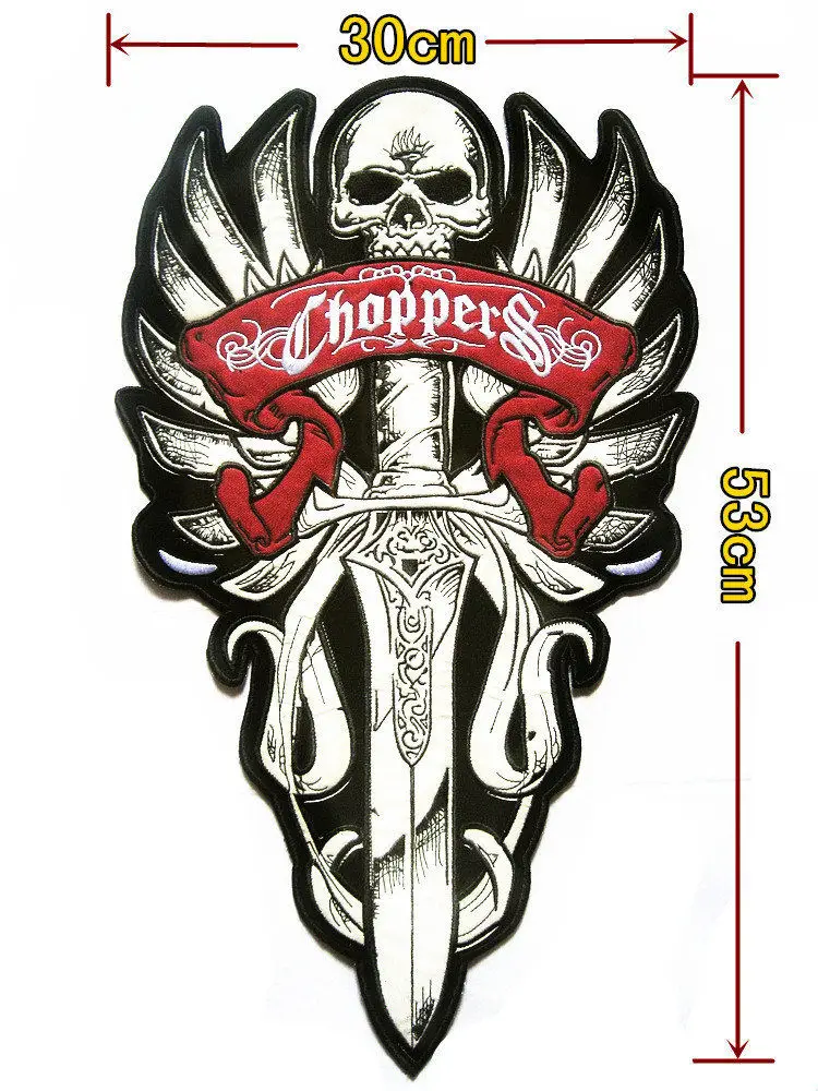 Skull Sword Patch Super Large Night Reflective Motorcycle Skull Sword Patch Badge Embroidery Cloth Back Stickers Chopper Sew-On DIY For Denim Vest - Цвет: Skull Sword Patch