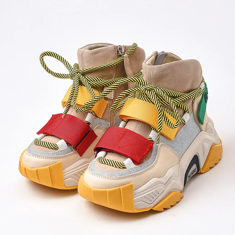 NEWDISCVRY Genuine Leather Women's Chunky Sneakers Fashion Brand Style Winter Women Platform Shoes Trainers Lady Footwear