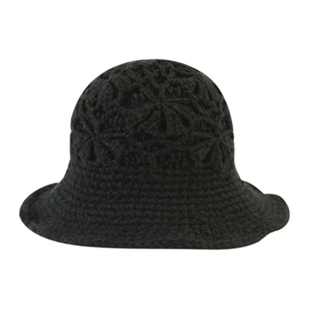 Hat Female Hand-knitted Warm Knit Bucket Hat Autumn New Japanese two-sided wearing Flowers Hollow Sweater Hat Outdoor