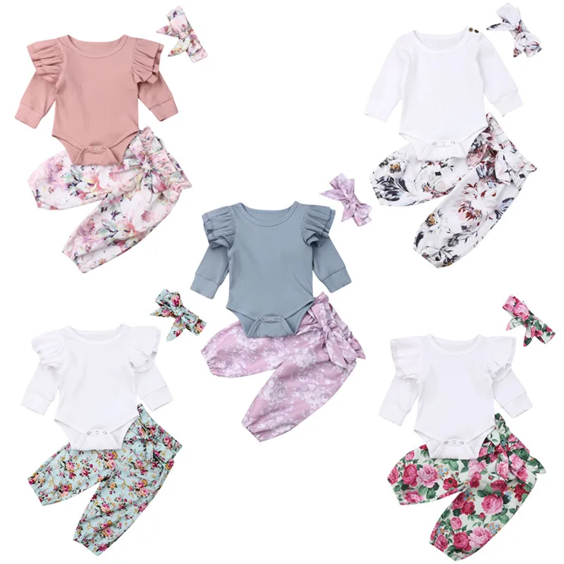 

3Pcs Cotton Infant Baby Girls Cothes Set Long Sleeve Bow Floral Bodysuits+Pants+Headbands Little Baby Clothing Outfits