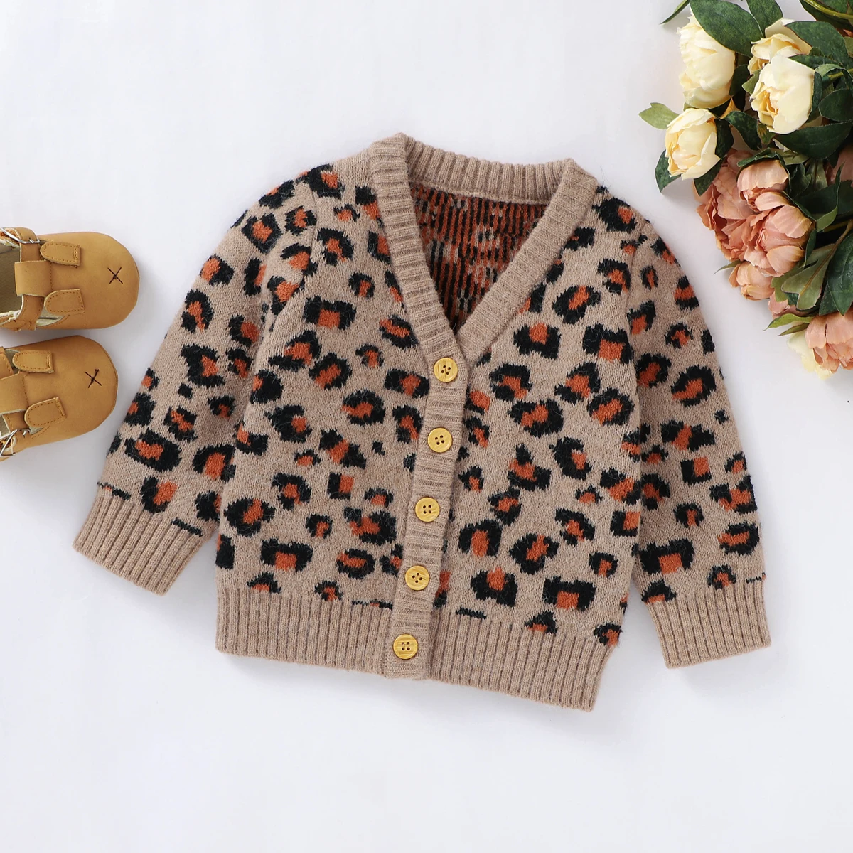 

Newborn Baby Boy Girl Clothes Leopard Print Sweater V-neck Button-up Knitted Cardigan Kids Casual Tops for Autumn Winter
