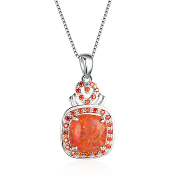

Big Square White Orange Fire Opal Stone Pendant Necklaces For Women Wedding Jewelry Vintage Fashion 925 Silver Promise Necklace