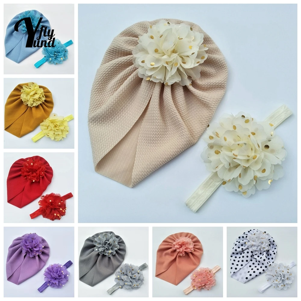 

Yundfly Lovely Dots Chiffon Flower Hat and Elastic Headband Set Fashion Handmade Floral Newborn Caps Baby Headwear Birthday Gift