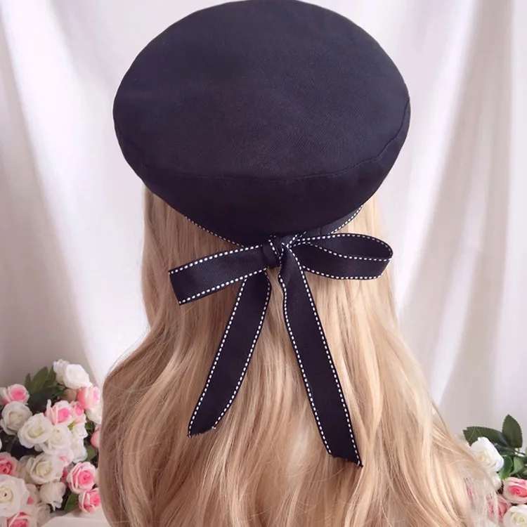 LOLITA ribbon bow navy beret blue white hat - AliExpress