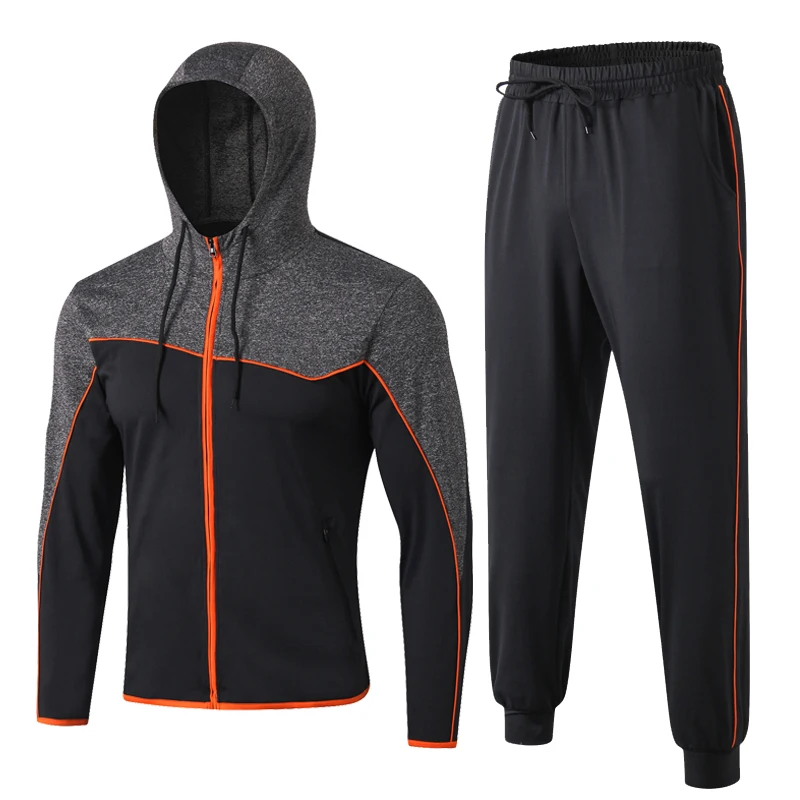 Новые осенние зимние мужские спортивные комплекты для бега, беговые куртки+ длинные штаны для занятий фитнесом на открытом воздухе, высокоэластичные спортивные куртки с капюшоном, европейские размеры