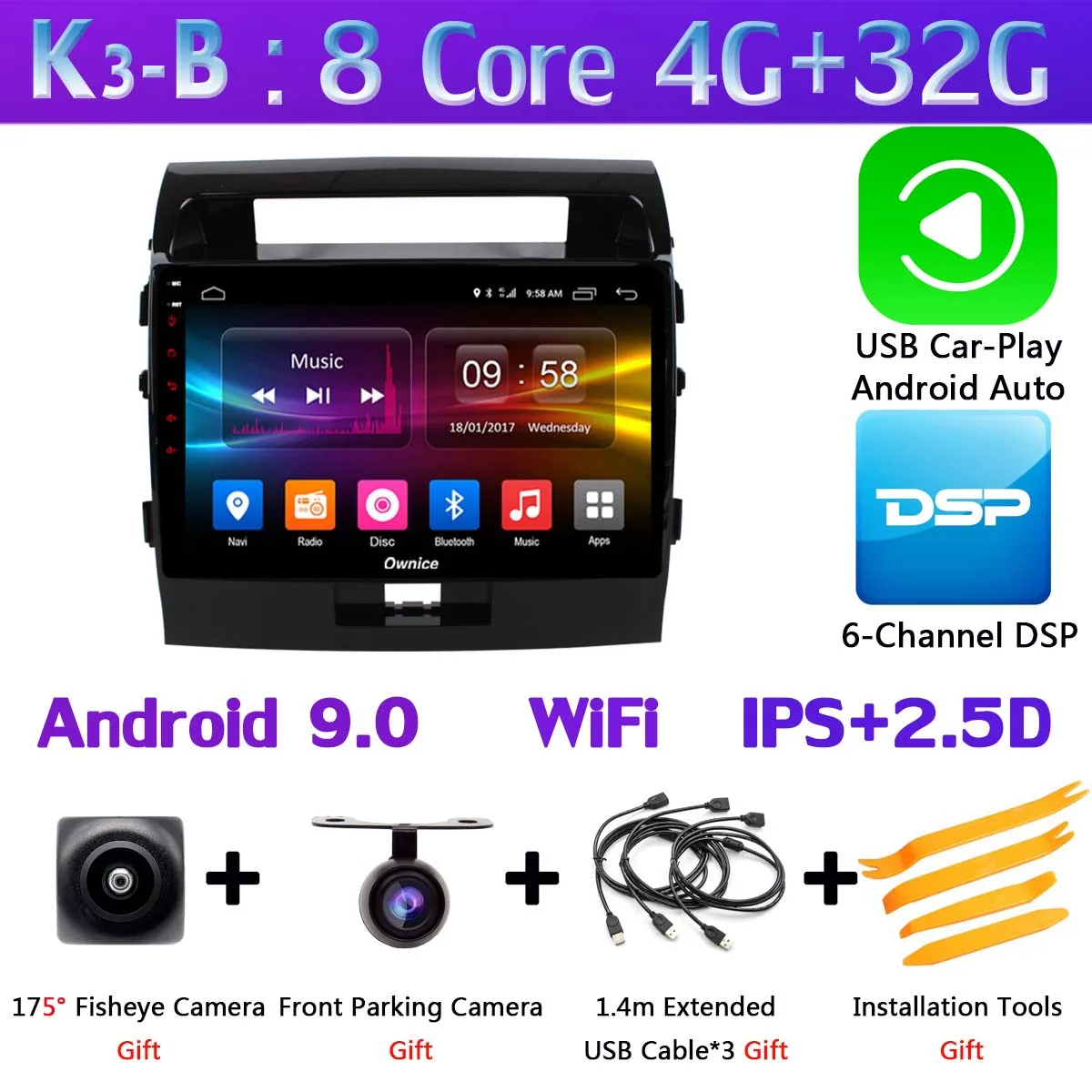 360 ° панорамный Android 9,0 4G+ 64G gps радио CarPlay SPDIF DSP автомобильный мультимедийный плеер для Toyota Land Cruiser 200 LC200 2007 - Цвет: K3-B-CarPlay