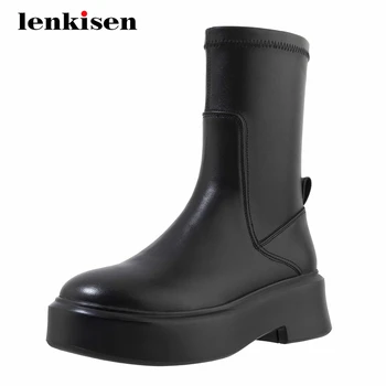 

Lenkisen stretch boots natural leather platform high quality round toe thick high heel slip on coolest maiden mid-calf boots L98