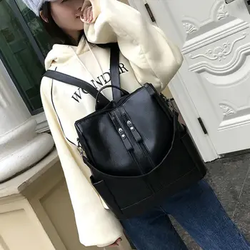 

Black Faux Leather Zipper Backpack Large Capacity Travel Backpack for Women