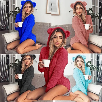 

Women Fur Jumpsuits Long Sleeves Zippers Pockets Furry Hooded Bodysuit Solid Pattern Warm Fluffy Homewear Plus Size Onesies
