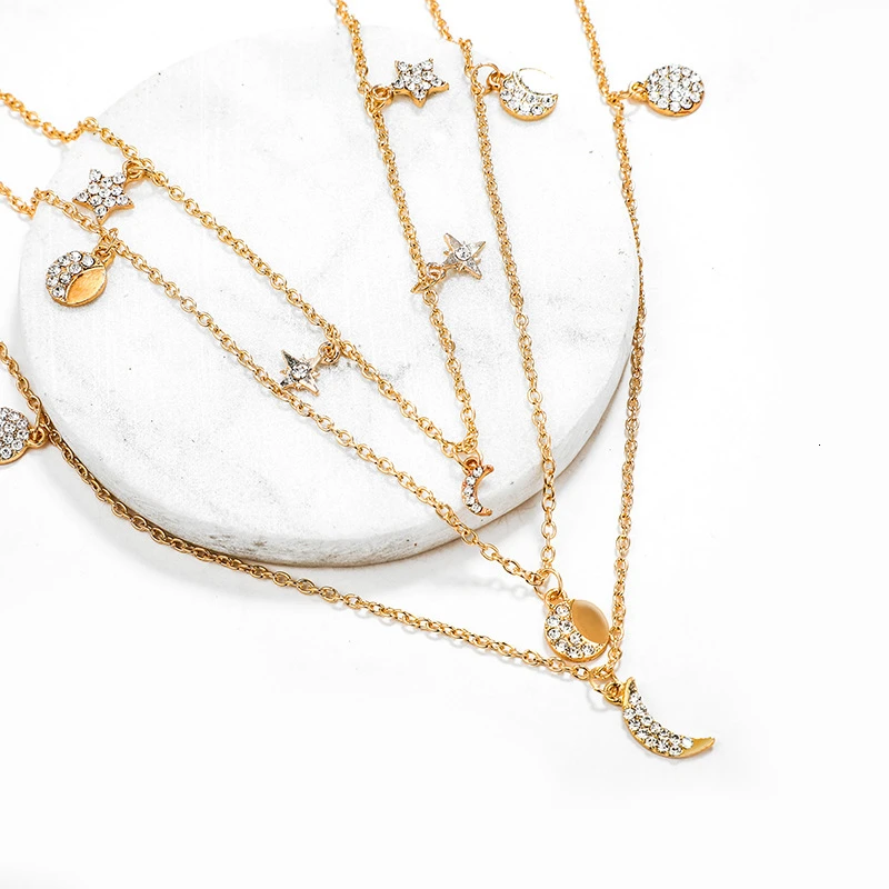 Богемное винтажное ожерелье и Подвеска для женщин модное Кристальное многослойное круглое ожерелье Очаровательная Ювелирная цепочка колье бижутерия