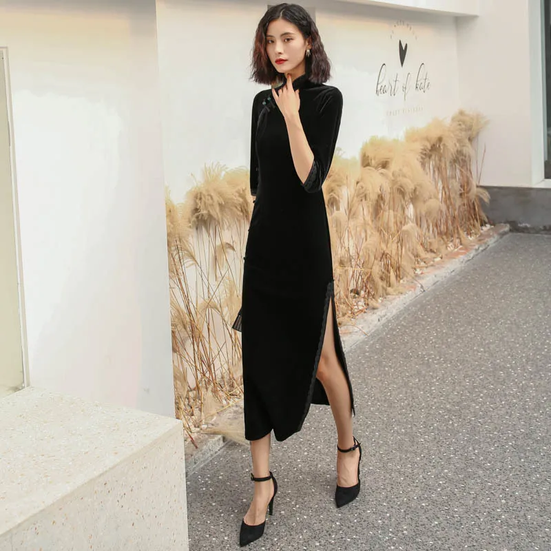 Элегантный зеленый бархат женский Qipao сексуальный тонкий высокий разрез длинный Cheongsam классический винтажный на пуговицах Половина Рукава Vestidos размера плюс 4XL