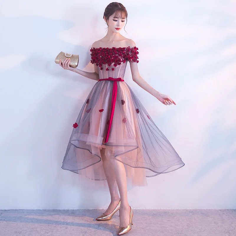 High Low New Flowers Bridesmaid Dresses Plus Size Elegant Boat Neck Short Sleeves Pearls Robe De Soiree Princess Gown bridesmaid dresses