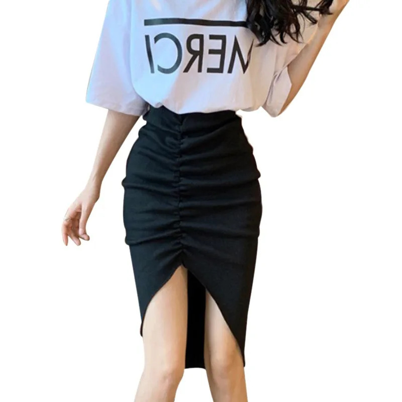 Women High Waist Irregular Skirt Wrap Asymmetric Drape Ruched Skirt Party Office Side Split Slit Midi Skirt M