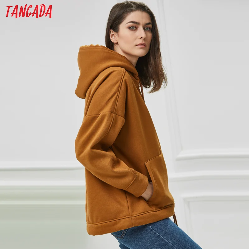 Tangada, Женские флисовые пуловеры, толстовка, Осень-зима, женские одноцветные пуловеры оверсайз, повседневные, с карманами, с капюшоном, топы 4M41