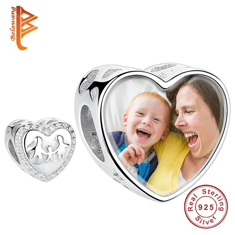 

Genuine 925 Sterling Silver Sparkling CZ Stone Happiness Family Heart Custom Photo Beads fit Charm Bracelet Necklace Jewelry