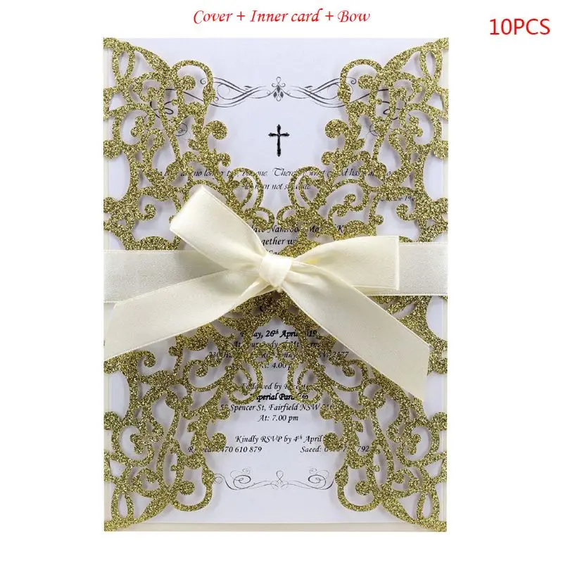 10pcs/set 10pcs/set Laser Cut Lace Rose Drill Glitter Wedding Invitation Cards With Bow Ribbon For Bridal Shower Engagement
