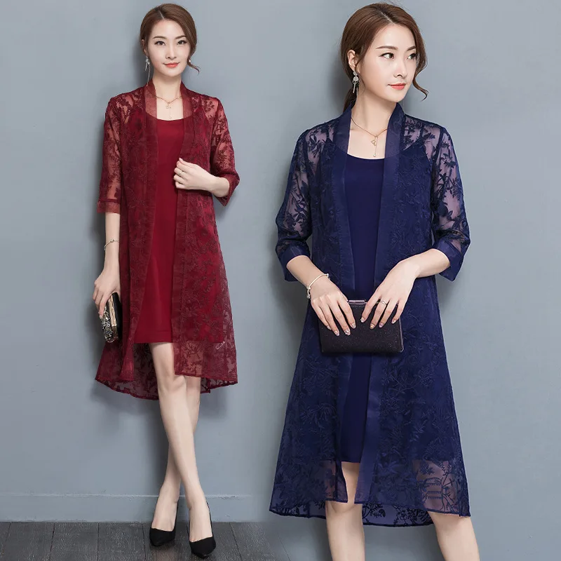 

2018 Autumn Most New Style Solid Color Embroidered Ladies' Elegant Mid-length Half-sleeve Shirt Loose Fashion Real Silk Two-Piec
