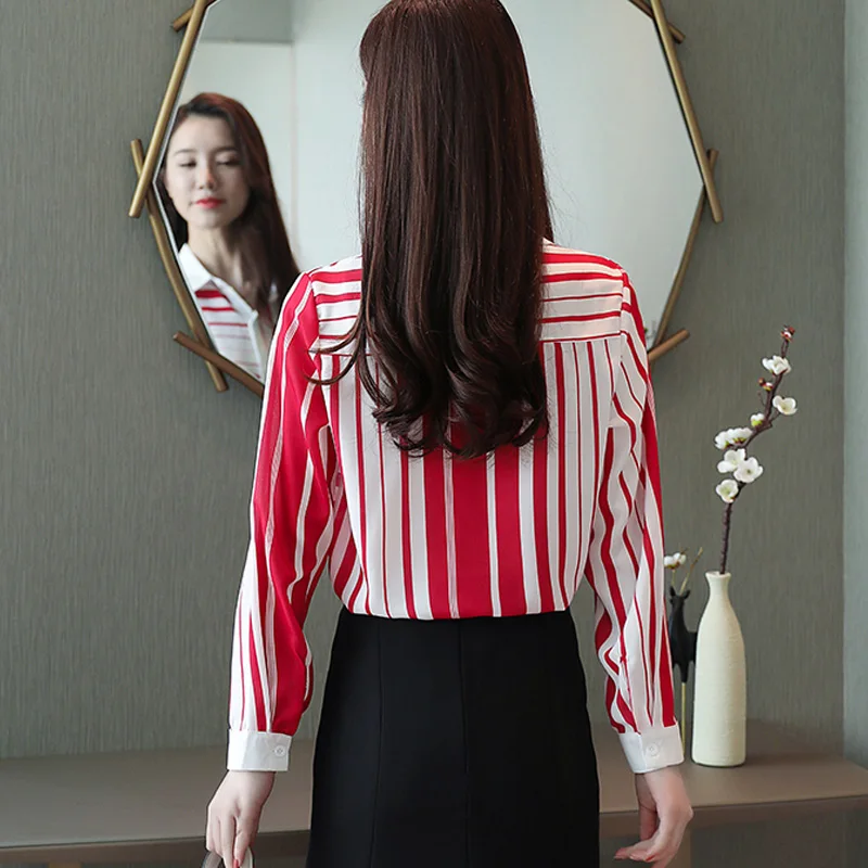  Femal Slim Shirts Striped Shirt Women 2019 Autumn New Korean Women Full Sleeve Shirts Turn-down Col