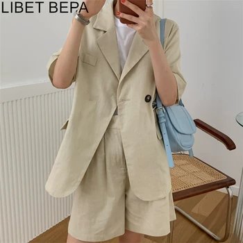 

New 2020 Autumn Woman Sets 2 Piece Matching Shorts Casual Buttons Cotton and Linen Pockets 3 Colors Fashionable Lady Suit WS5212