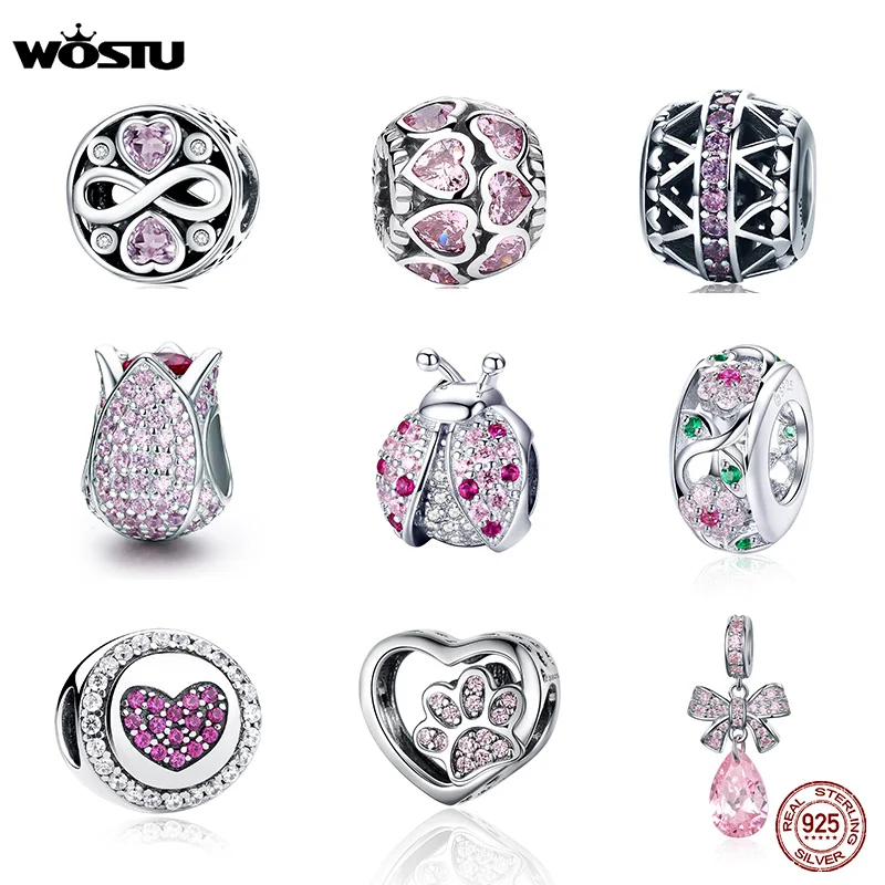 WOSTU auténtico 100% de Plata de Ley 925 de cristal de circón Rosa perlas encanto Fit Original pulsera colgante de joyería de plata 925