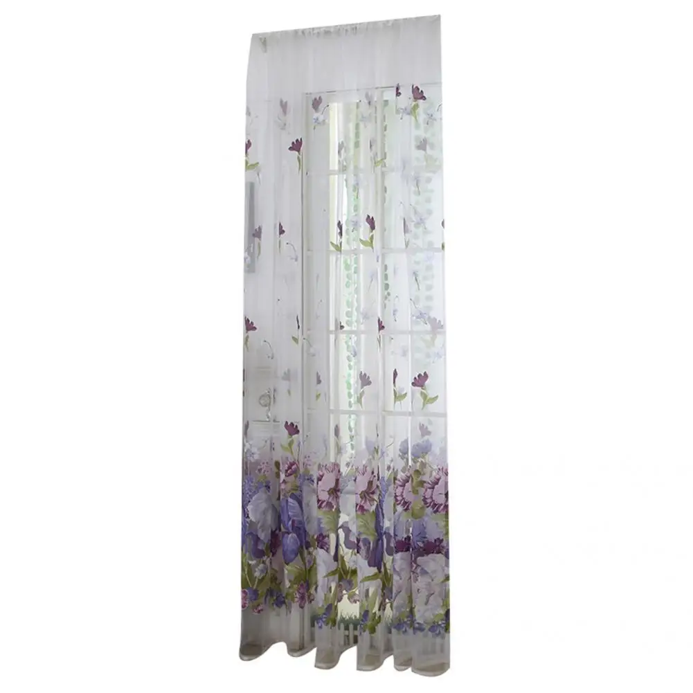 Kitchen Tulle Sheer Curtains Window Treatments Peony Flowers Beige Purple 