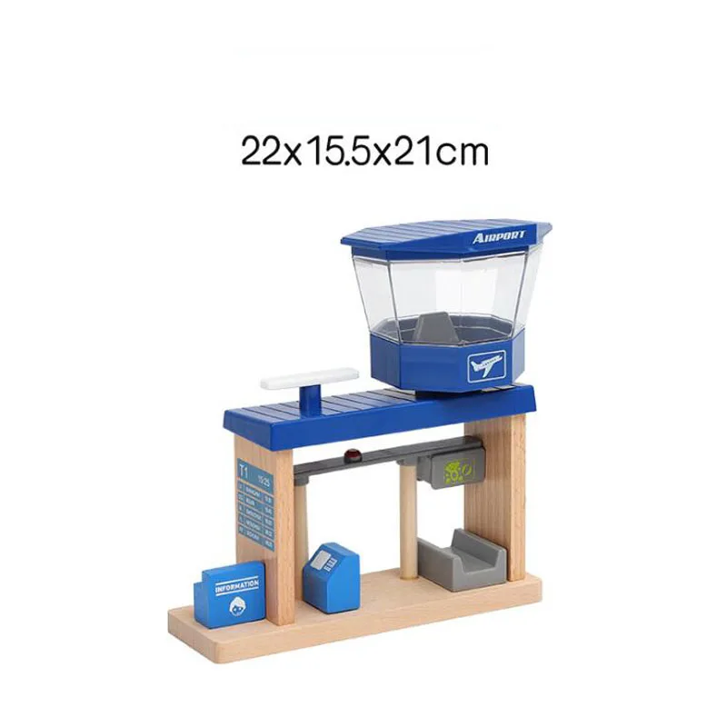 Wooden Train Track Accessories: Double Platform Gas Station & Airplane Airport Educational DIY Toy Set for Children