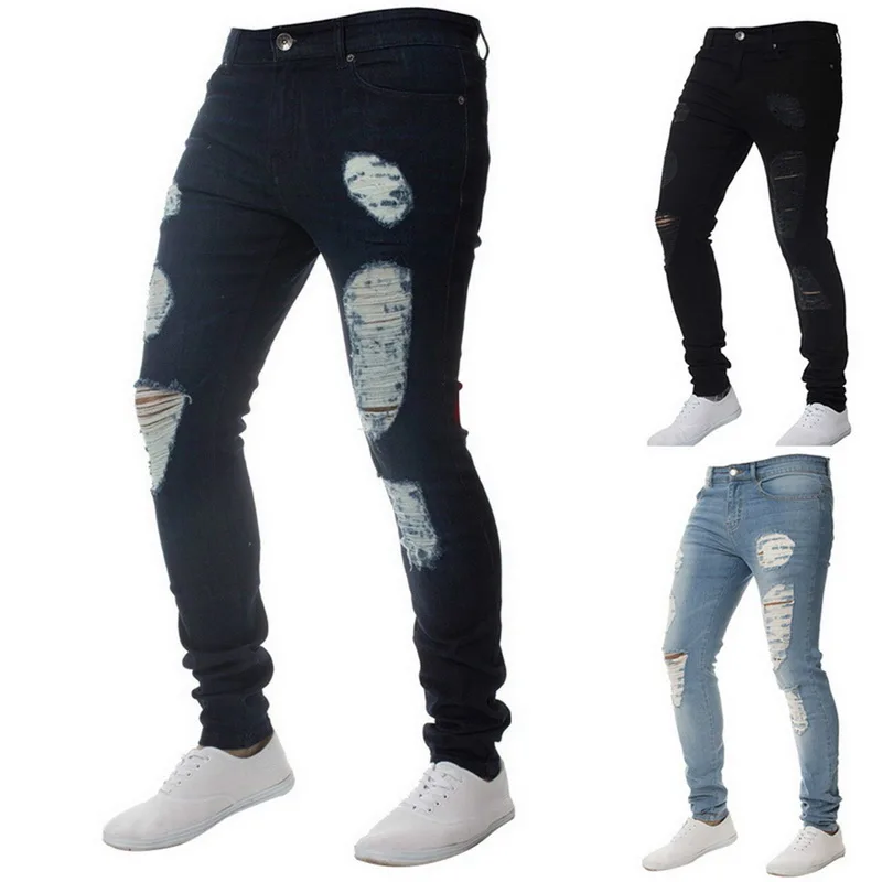 Мужские джинсовые штаны, повседневные осенние мужские рваные обтягивающие брюки, обтягивающие байкерские штаны в стиле хип-хоп, сексуальные штаны с дырками, верхняя одежда